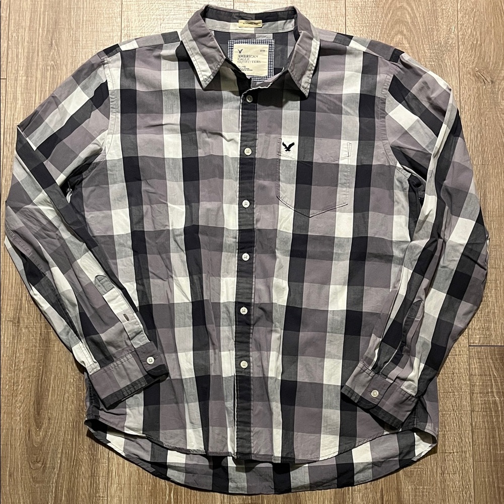 Men’s American Eagle Black, White & Gray Plaid Button-Down Shirt Size XL
